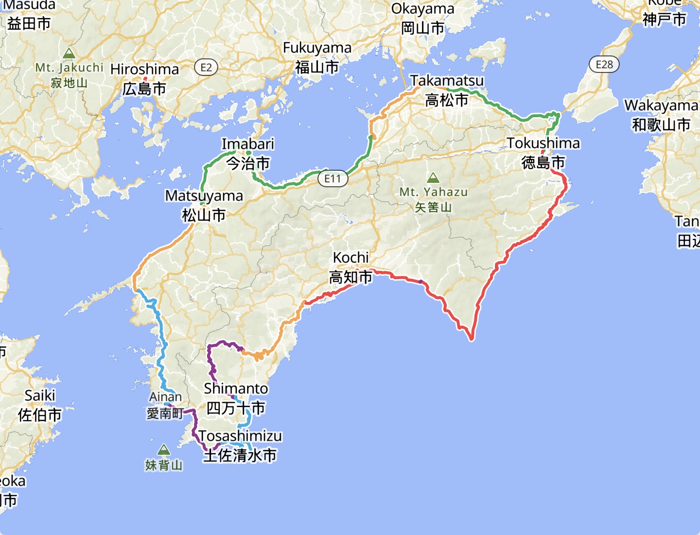 Map of Shikoku with my bike route on it, each day having a different color